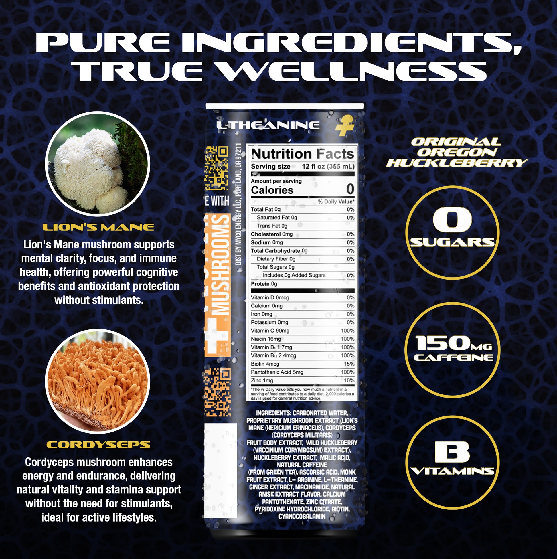 Mushroom energy drink 0 sugars nutrition facts drink with b vitamins